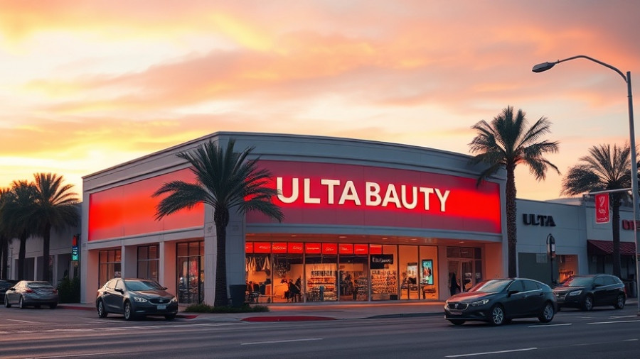 Ulta Beauty store exterior at sunset with palm trees.