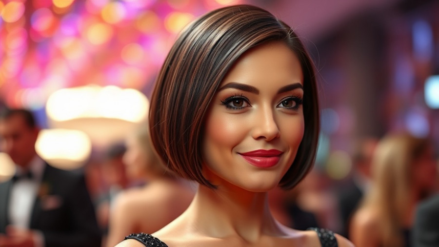 Celebrity with chic bob hairstyle at glamorous event.