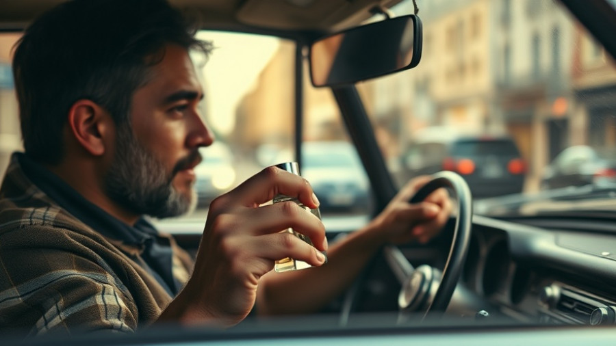 Man driving vintage car holding Men's Fragrance Notewrks bottle