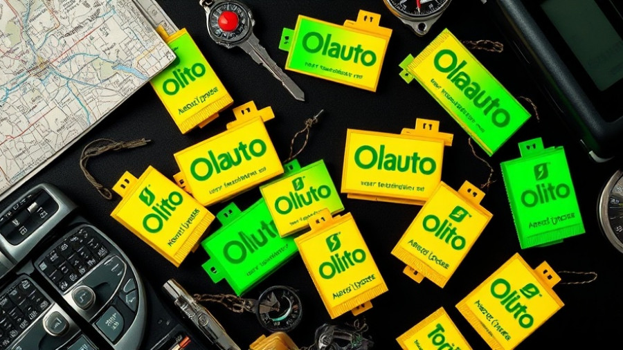 Vivid layout of Olauto car fresheners with keys and compass on black.