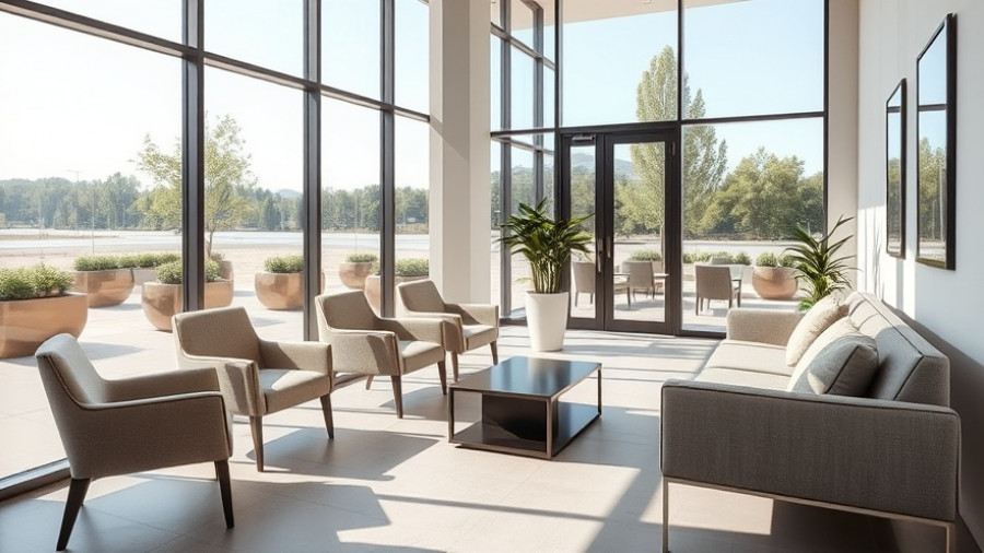 Modern clinic waiting area with chic furniture.