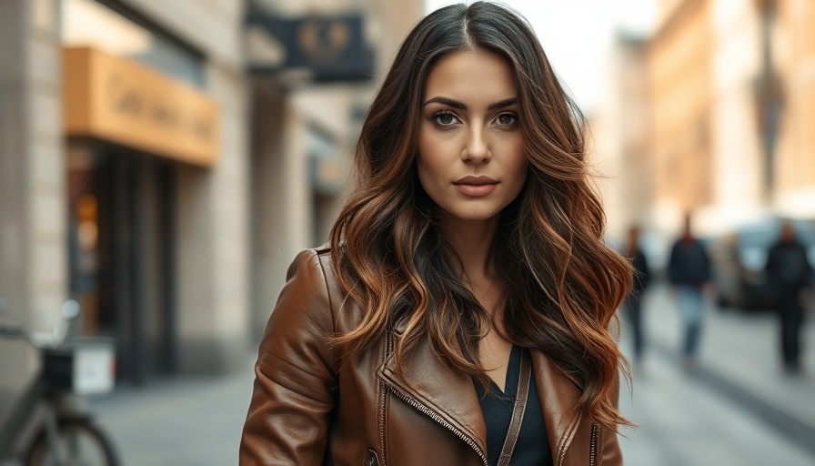 Confident woman in leather jacket on urban street backdrop.