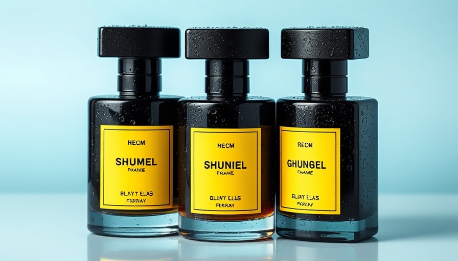 Black perfume bottles with yellow labels in bright lighting.