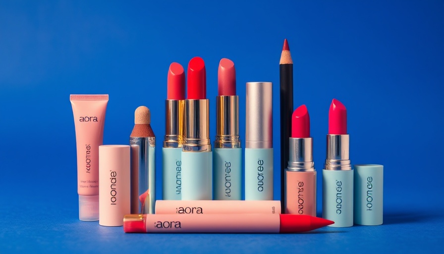 Plastic free makeup brand Aora products display against blue.