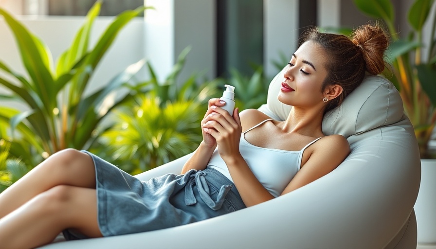 Woman using luxury skincare outdoors on inflatable chair.