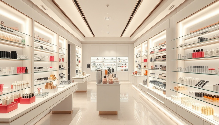 Luxurious beauty store with elegant displays and products.