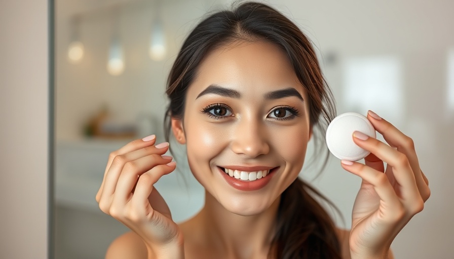Woman applying TSA-friendly affordable cushion foundation in bathroom.