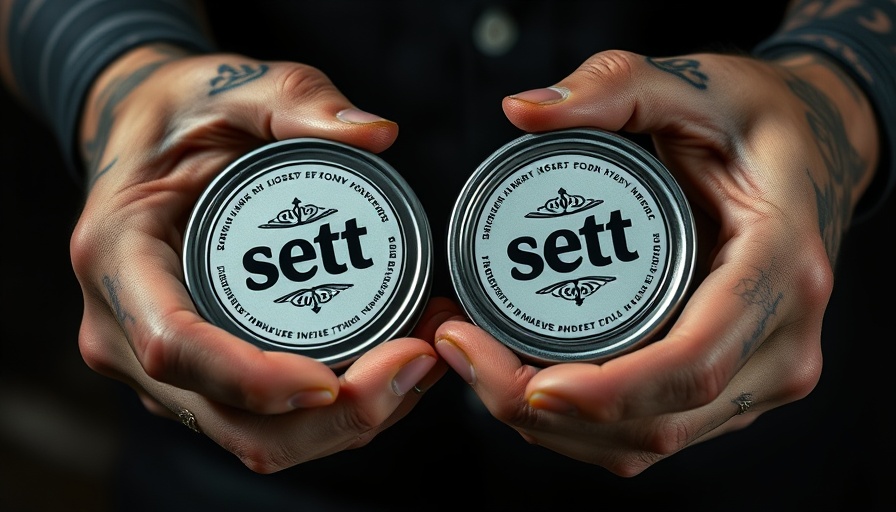 Tattooed hands hold Sett nicotine alternative tins, dark background.