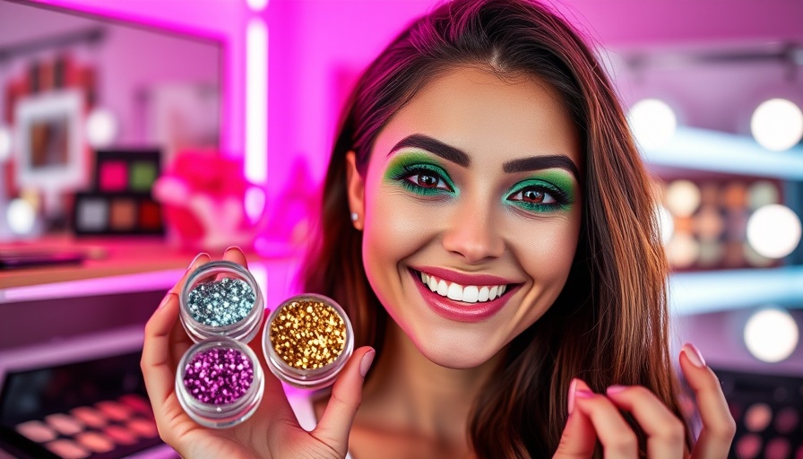 Woman with vibrant eye makeup and favorite glitter eyeshadow.