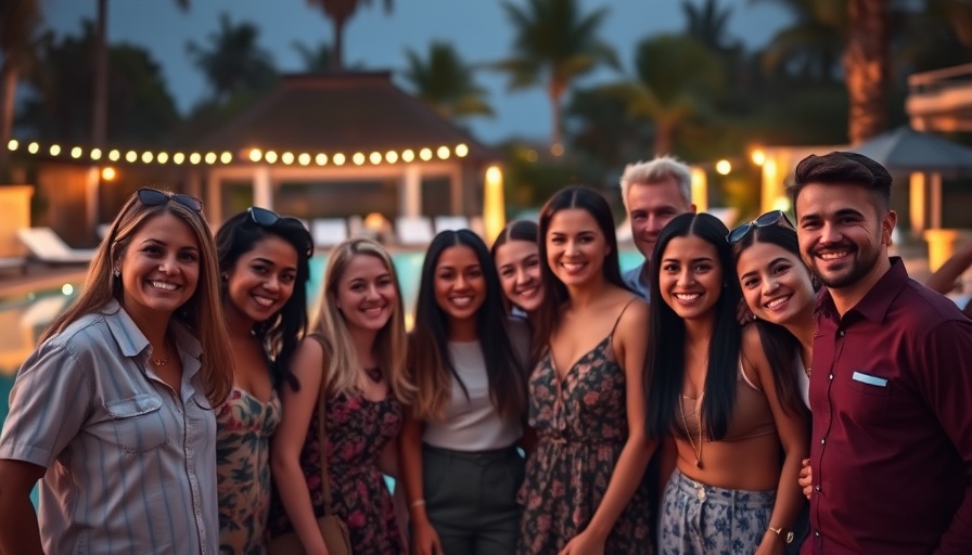 Group photo of diverse individuals smiling by a lit pool at night.