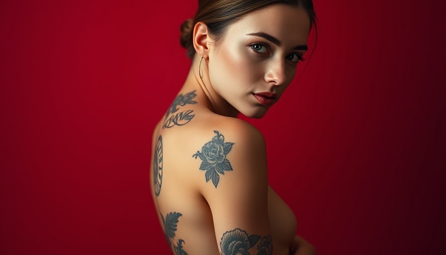 Dove Cameron Tattoo Collection portrait with red background.