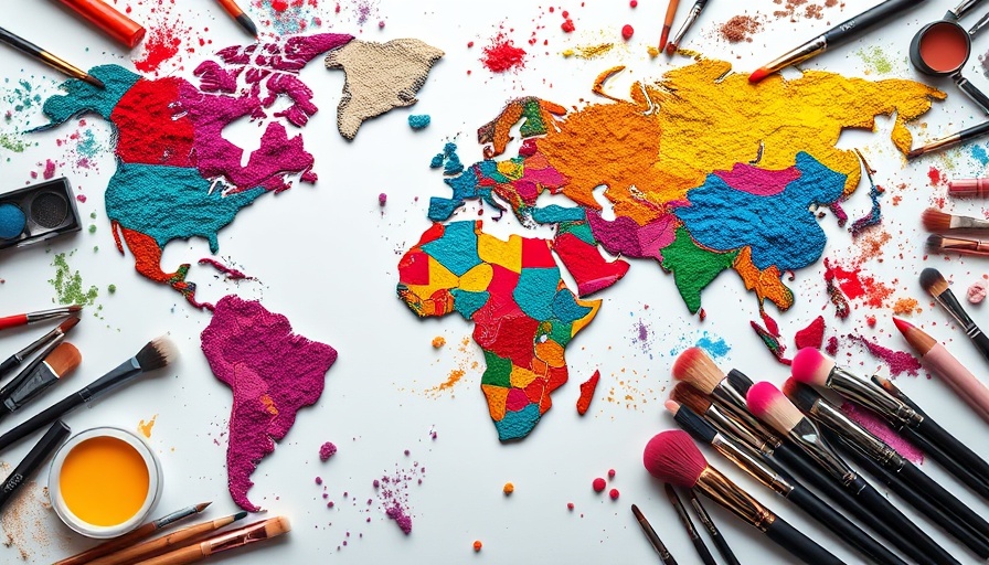 Beauty industry tariffs represented by colorful world map of cosmetics.
