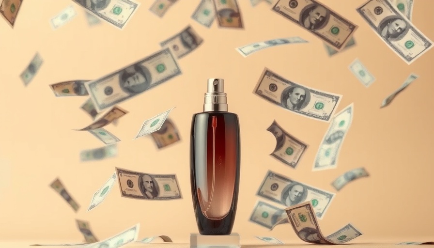 Elegant beauty product amidst falling dollars reflecting tariff impacts.