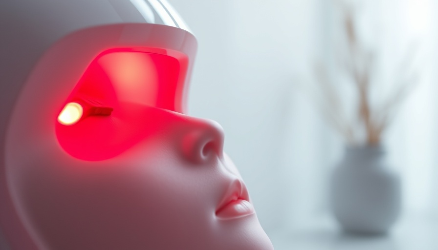 Red light therapy device on head for hair growth, close-up view.