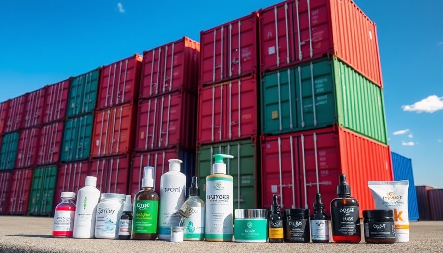 Diverse cosmetic products against shipping containers, small business tariff exemptions.