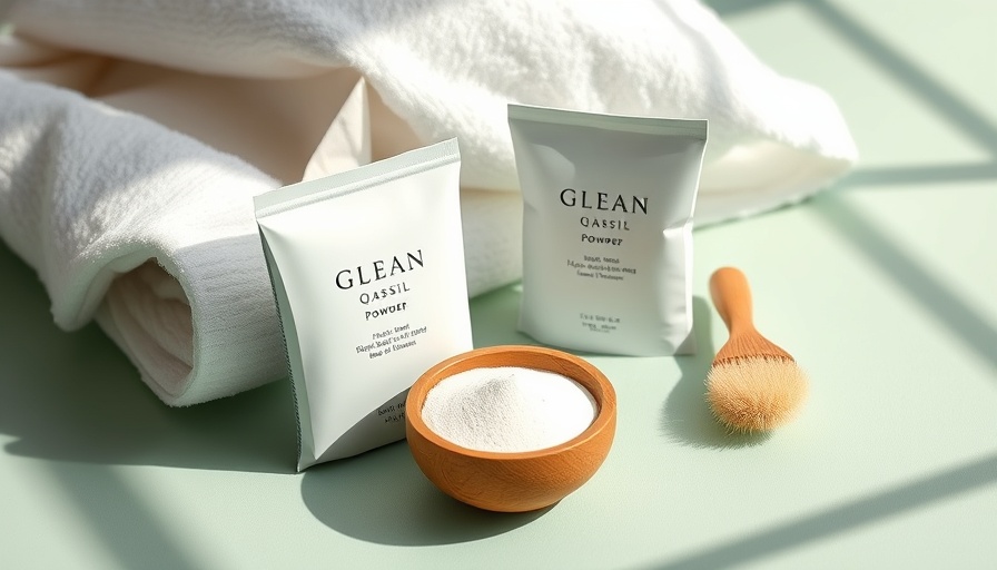 Glean qasil skincare powder with brush and bowl on green backdrop.