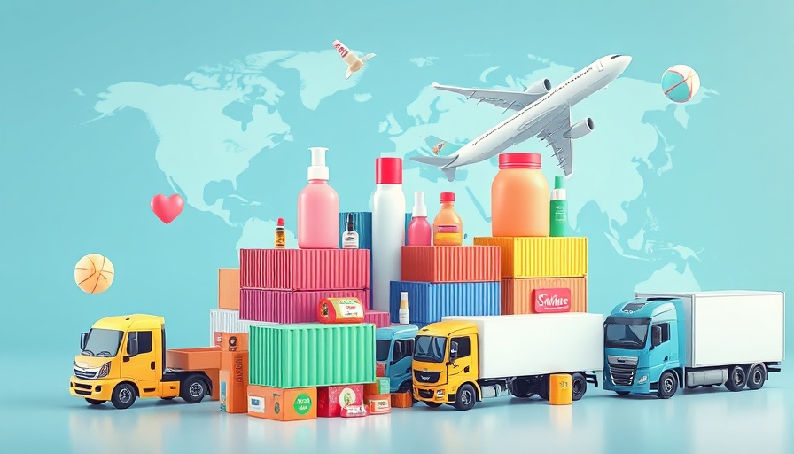 Cartoon illustration of future-proofing beauty supply chains with cosmetics and transport.
