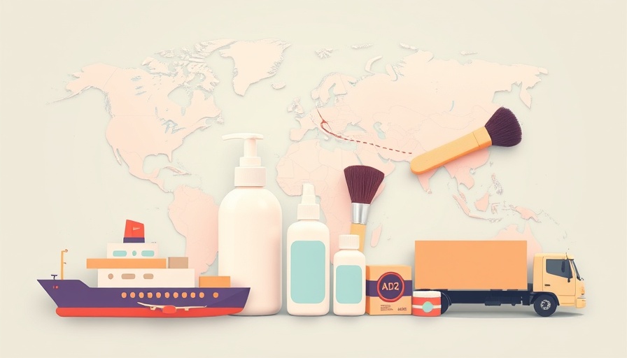 Illustration of beauty products with global shipping elements highlighting international expansion.