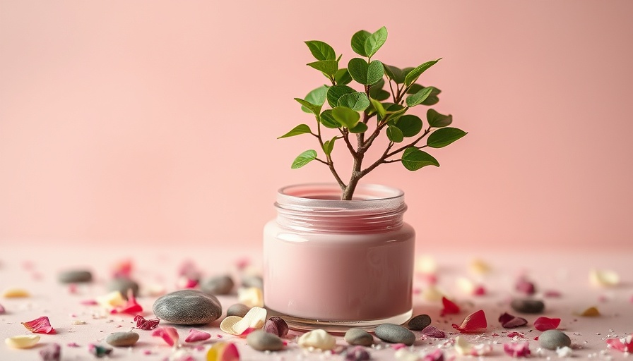 Green tree in pink cosmetic jar symbolizing sustainability in beauty.