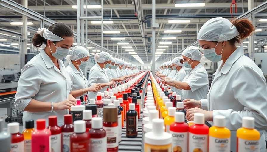 Modern beauty manufacturing line with cosmetic products on a conveyor belt.