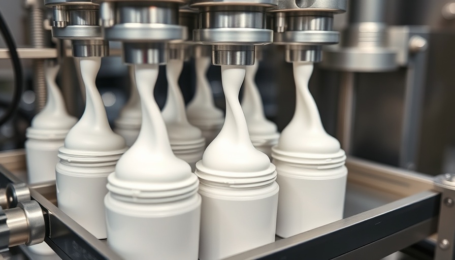 Automated cream filling machine in beauty product factory, illustrating impact of tariffs.