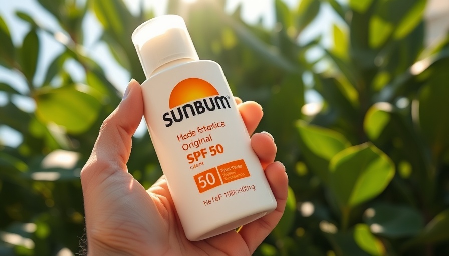 Sunbum Original SPF 50 Clear Lotion held by a hand in sunny garden.