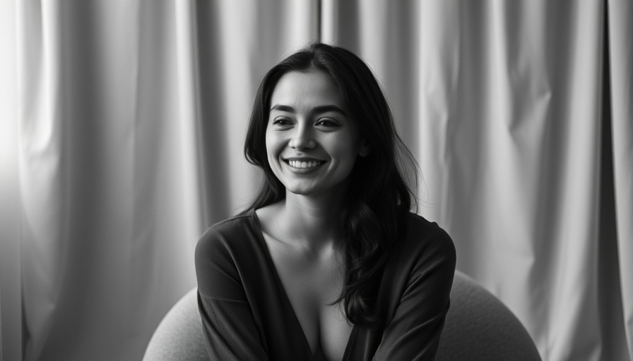 Monochrome portrait of woman smiling, minimal setting.