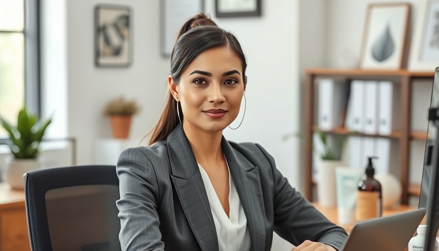 Professional woman in office with wellness products, simplifying wellness routines.