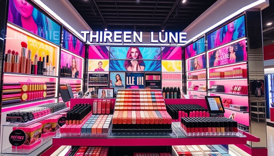 J.C. Penney Thirteen Lune makeup display featuring vibrant cosmetics.