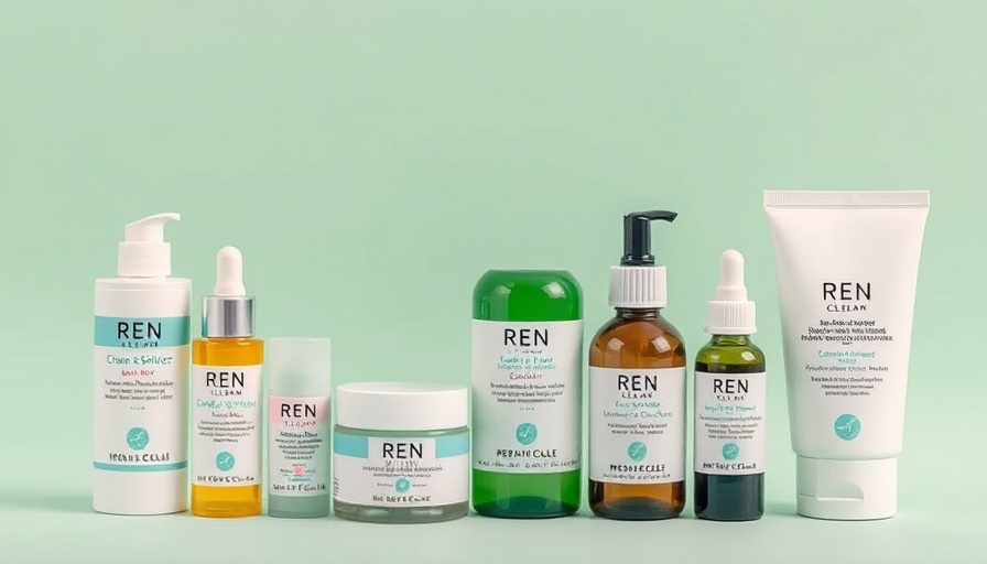Collection of REN Clean Skincare products, mint green background.