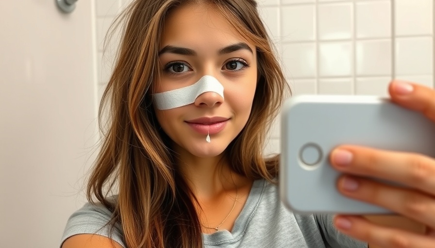 Woman with bandage on her nose taking selfie in bathroom.