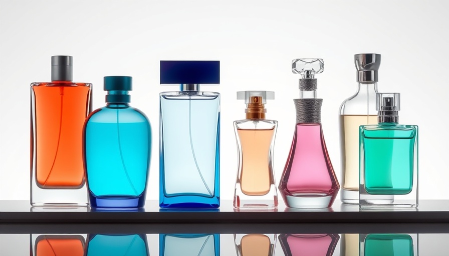 Elegant perfume bottles in varied colors on reflective surface.