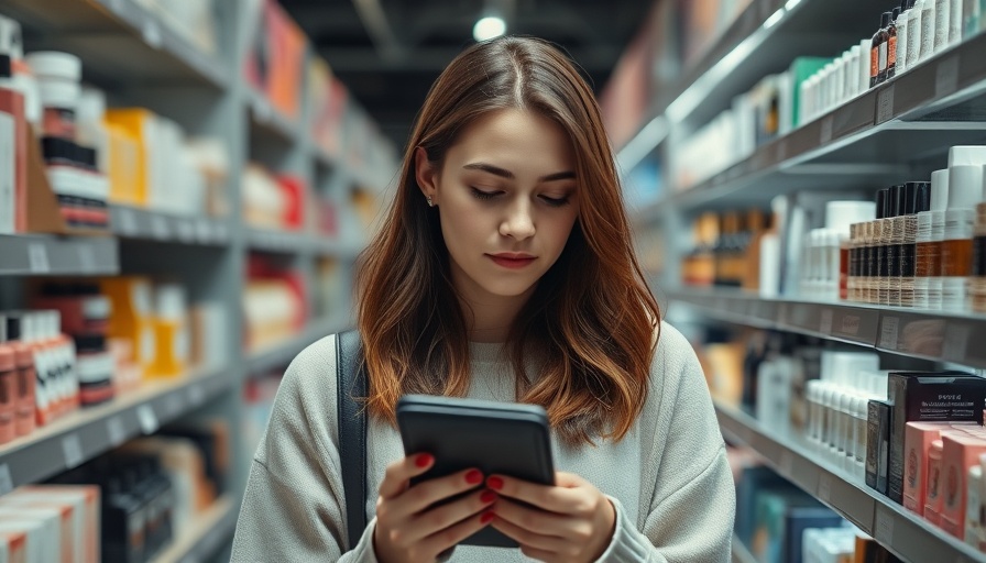 Young woman in beauty store aisle examining wallet, considering purchase.