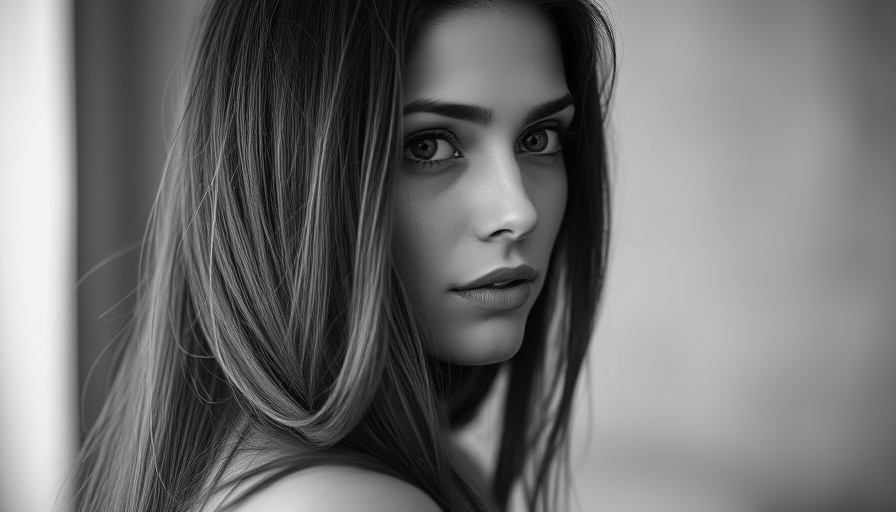 Elegant woman, thoughtful gaze, highlighting soft features in monochromatic style.