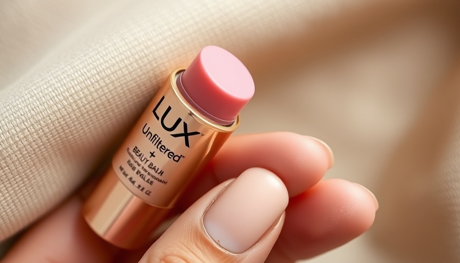 Lux Unfiltered Beauty Balm Sticks held in hand on fabric background.