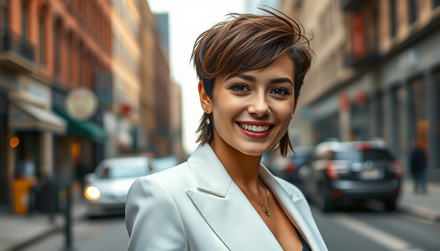 Young woman with bixie haircut smiling in urban setting.