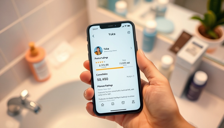 Close-up of smartphone showing Yuka product ratings in a bathroom setting.