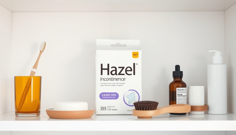 Modern Incontinence Products Hazel on bathroom shelf with toiletries.