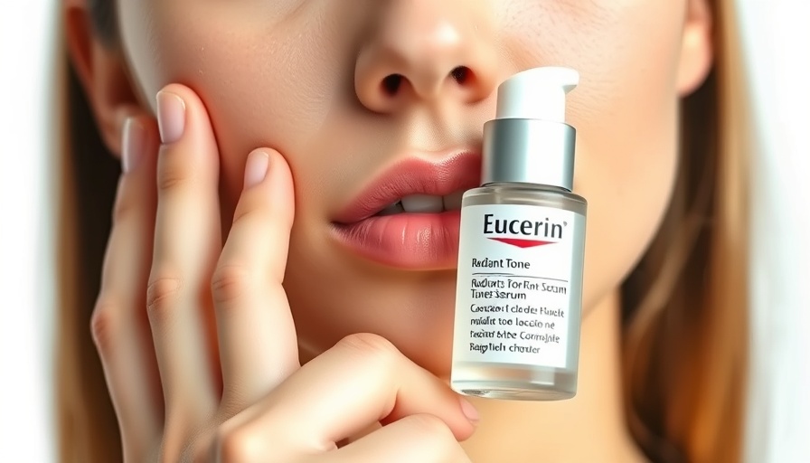 Close-up of Eucerin Radiant Tone Serum being held near a face, smooth skin visible.