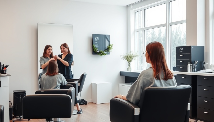 Modern salon with stylist and client in mirror reflection, Topanga haircut for fine hair.