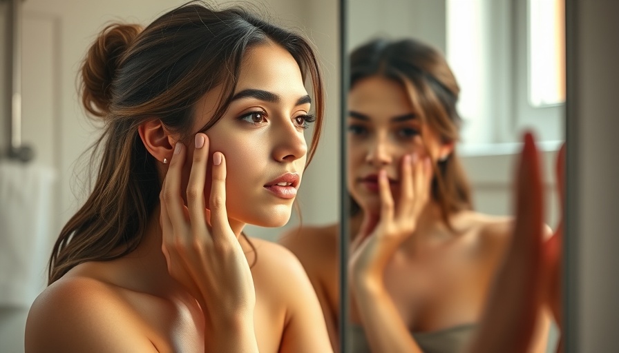 Young woman examining her skin in the bathroom mirror, soft natural light.