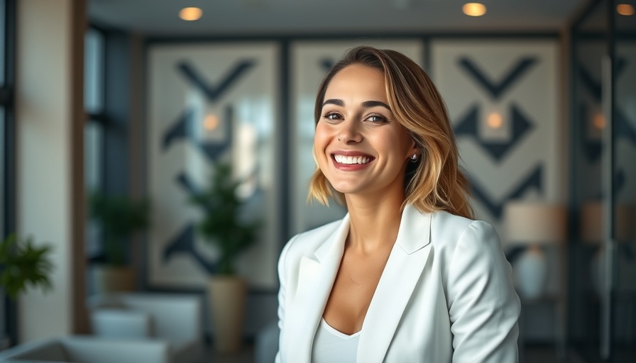 Cheerful woman in white blazer smiling in modern setting