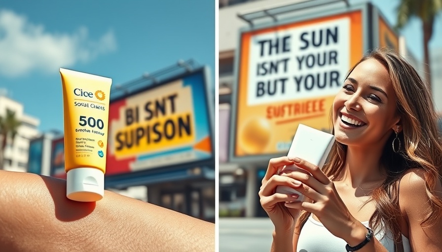 Sunscreen poison controversy collage includes skin, billboard, and smiling woman.