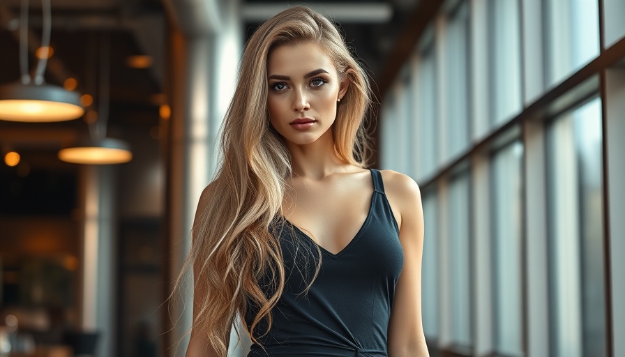 Elegant woman in black suit standing confidently in modern interior.