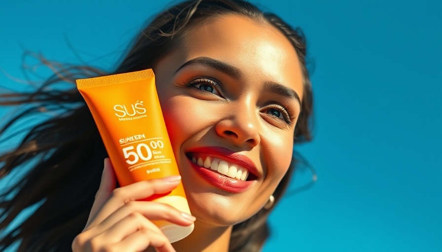 Smiling woman with no white cast mineral sunscreen under blue sky.