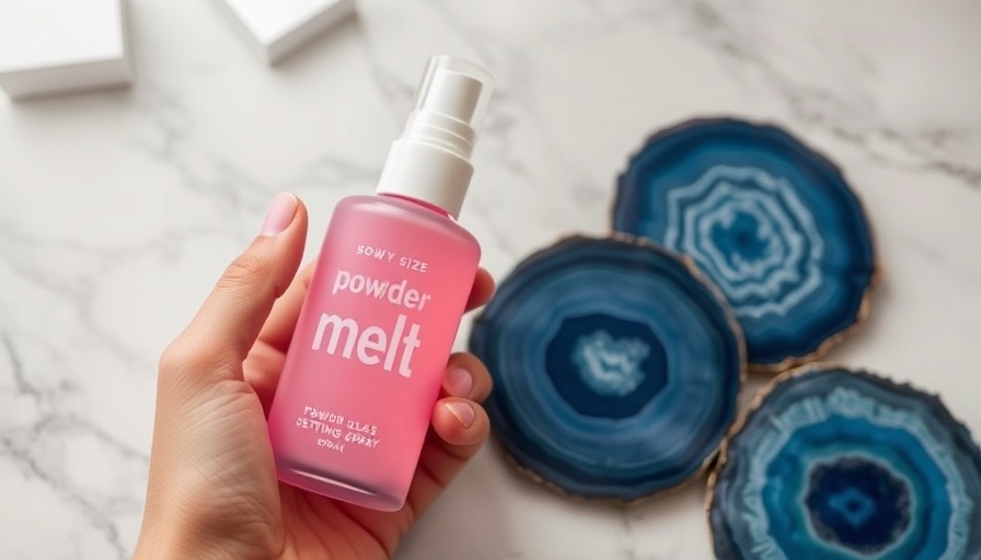 Hand holding One/Size Powder Melt Glass Setting Spray bottle on marble.