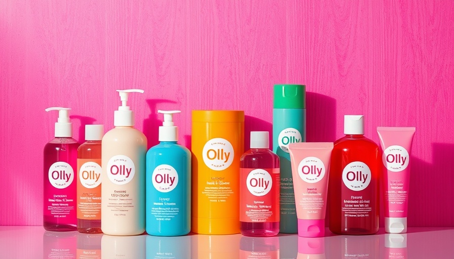 Colorful Olly mood-boosting body care products on pink background.