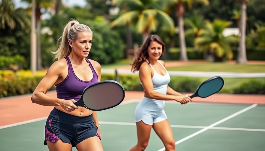 Women playing pickleball at a resort, focus on action.