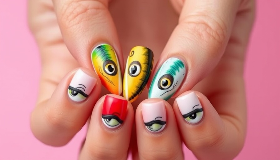 Colorful fishing lure nails with fish patterns on a pink background.