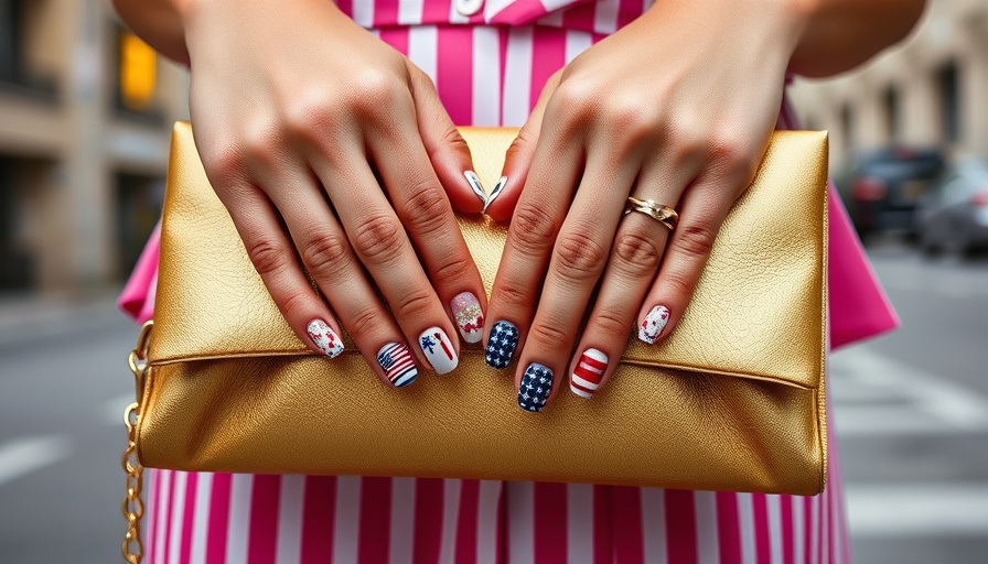 Fourth of July nail designs holding gold clutch in pink outfit.